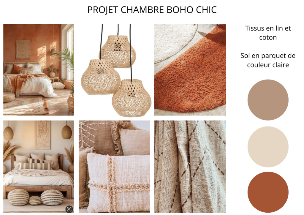 planche d'ambiance étude de projet chambre boho chic